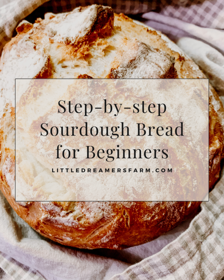 Golden brown sourdough bread wrapped in grey gingham towel with the words step by step sourdough bread for beginners